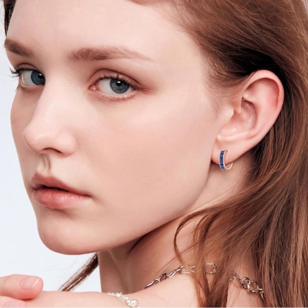 14K Rose Gold with Blue Sapphire Cubic Zirconia Princess Cut Huggie Earrings - Picture 4 of 5